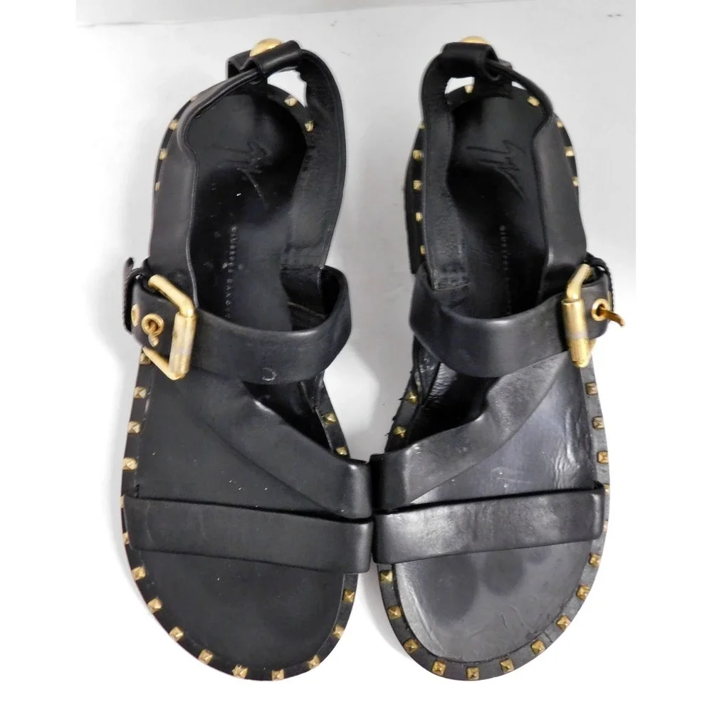 Giuseppe Zanotti Black Leather Strappy Gold Studded Flat Sandals Mens sz 43.5